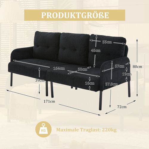 Canapé 3 Places 171x72x80 Cm, Poches Latérales, Assise Profonde, Tissu Velours Côtelé, Noir