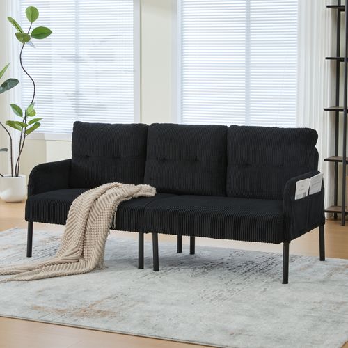 Canapé 3 Places 171x72x80 Cm, Poches Latérales, Assise Profonde, Tissu Velours Côtelé, Noir