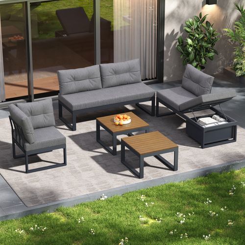 Salon De Jardin Modulable 191,5x191,5x79 Cm, 5 Places, Dossier 3 Positions, Polyester, Fer, Gris