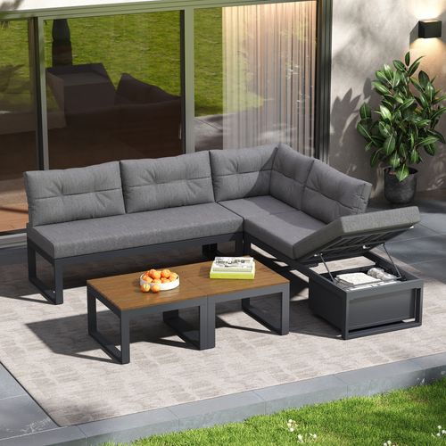 Salon De Jardin Modulable 191,5x191,5x79 Cm, 5 Places, Dossier 3 Positions, Polyester, Fer, Gris