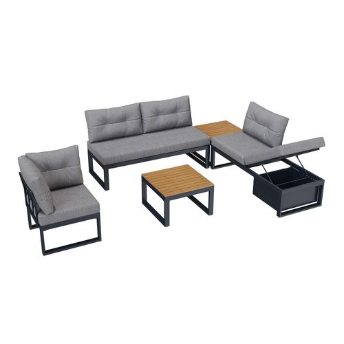 Salon De Jardin Modulable 191,5x191,5x79 Cm, 5 Places, Dossier 3 Positions, Polyester, Fer, Gris