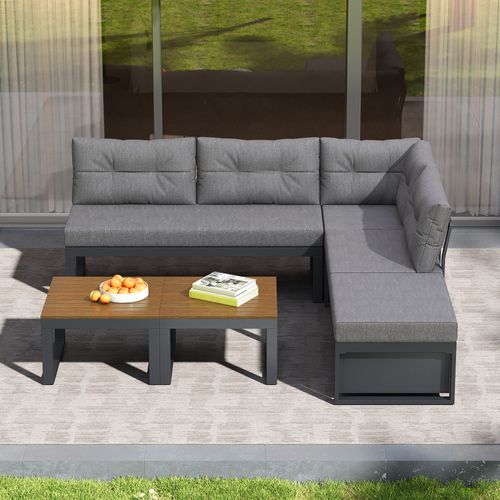 Salon De Jardin Modulable 191,5x191,5x79 Cm, 5 Places, Dossier 3 Positions, Polyester, Fer, Gris