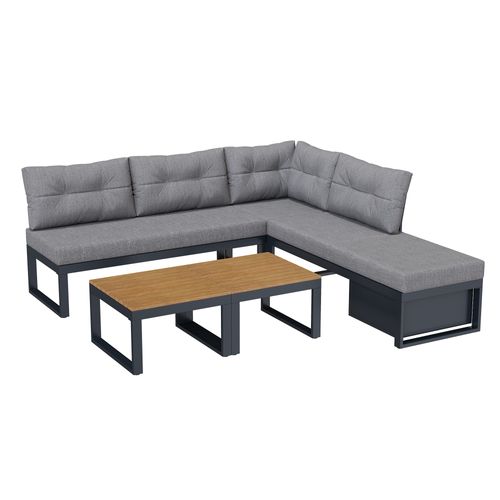 Salon De Jardin Modulable 191,5x191,5x79 Cm, 5 Places, Dossier 3 Positions, Polyester, Fer, Gris