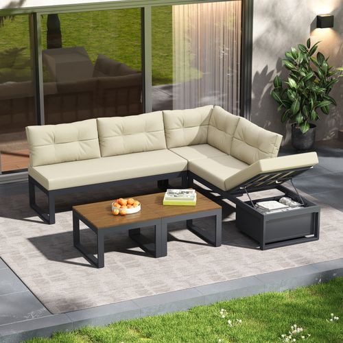 Salon De Jardin 191,5x191,5x79 Cm, Dossier Réglable 3 Positions, Fer, Polyester, Beige+bois