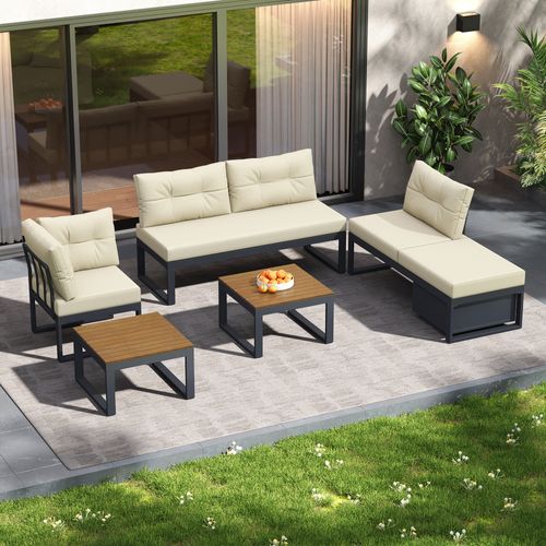 Salon De Jardin 191,5x191,5x79 Cm, Dossier Réglable 3 Positions, Fer, Polyester, Beige+bois