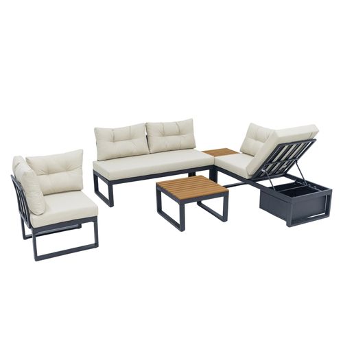Salon De Jardin 191,5x191,5x79 Cm, Dossier Réglable 3 Positions, Fer, Polyester, Beige+bois