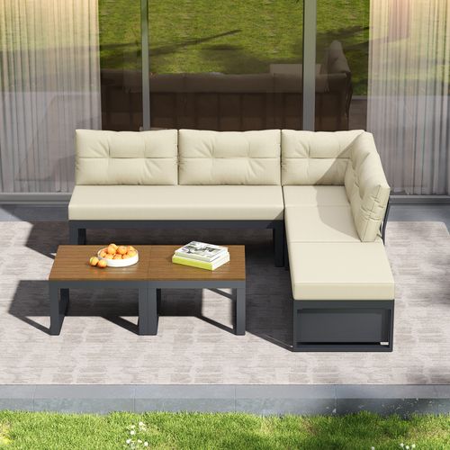 Salon De Jardin 191,5x191,5x79 Cm, Dossier Réglable 3 Positions, Fer, Polyester, Beige+bois