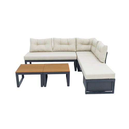 Salon De Jardin 191,5x191,5x79 Cm, Dossier Réglable 3 Positions, Fer, Polyester, Beige+bois