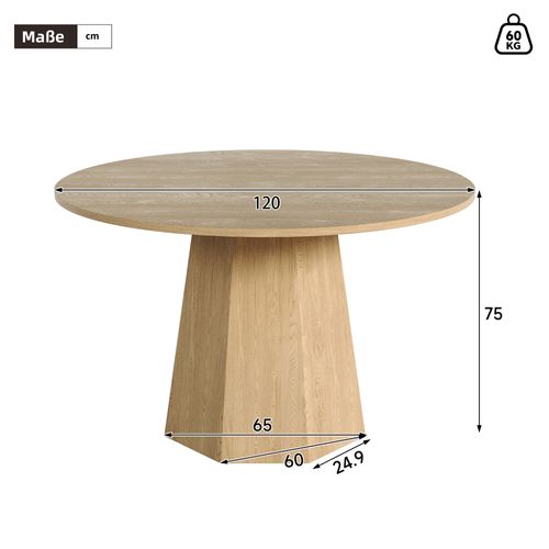 Table à Manger Ronde 120x120x75 Cm, 4 à 6 Personnes, Style Scandinave, Mdf, Couleur Bois