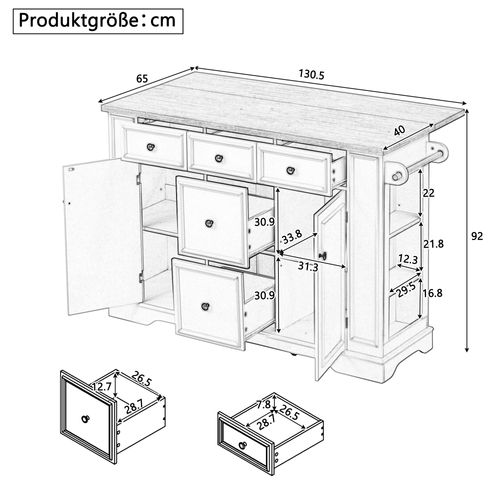 Îlot Central Cuisine 130.5x40-65x92 Cm, Plateau Rabattable, Prises USB, 5 Tiroirs, Mdf, Blanc+bois