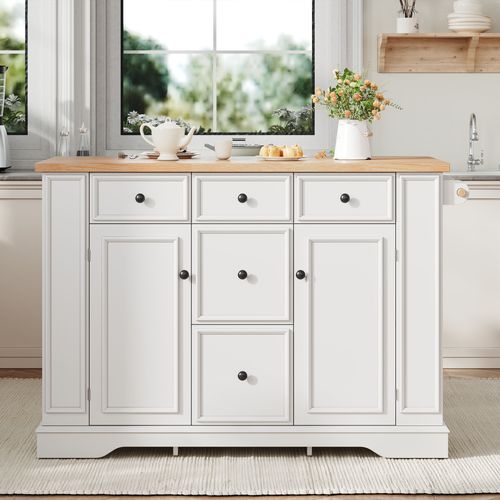 Îlot Central Cuisine 130.5x40-65x92 Cm, Plateau Rabattable, Prises USB, 5 Tiroirs, Mdf, Blanc+bois