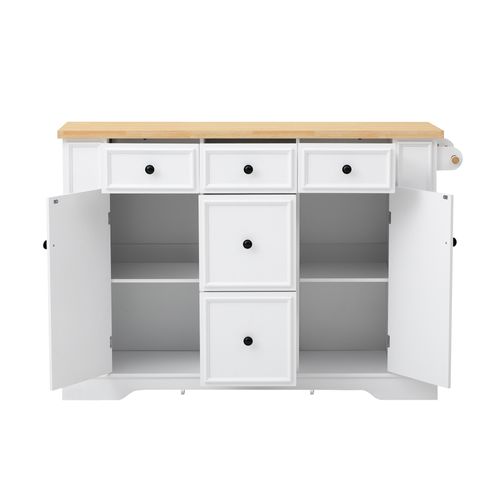 Îlot Central Cuisine 130.5x40-65x92 Cm, Plateau Rabattable, Prises USB, 5 Tiroirs, Mdf, Blanc+bois