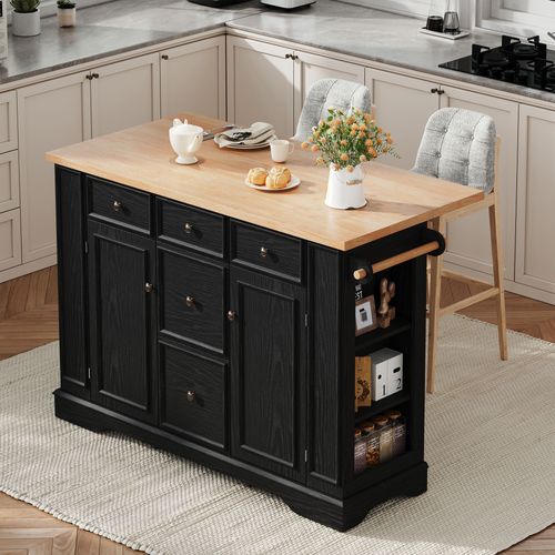 Îlot De Cuisine 130.5x40-65x92 Cm, 5 Tiroirs, Plateau Rabattable, Mdf, Prises Et USB, Noir+bois