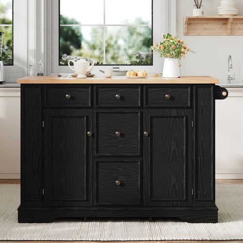 Îlot De Cuisine 130.5x40-65x92 Cm, 5 Tiroirs, Plateau Rabattable, Mdf, Prises Et USB, Noir+bois