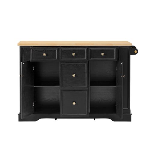 Îlot De Cuisine 130.5x40-65x92 Cm, 5 Tiroirs, Plateau Rabattable, Mdf, Prises Et USB, Noir+bois