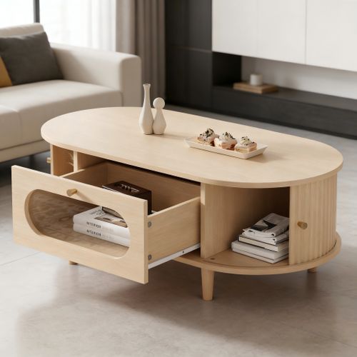 Table Basse Ovale 100x50x36 Cm, 1 Tiroir Et 2 Portes Coulissantes, Mdf Et Verre, Couleur Bois