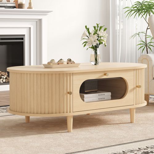 Table Basse Ovale 100x50x36 Cm, 1 Tiroir Et 2 Portes Coulissantes, Mdf Et Verre, Couleur Bois