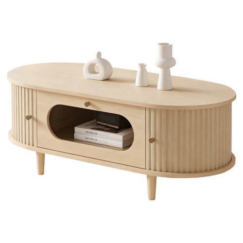 Table Basse Ovale 100x50x36 Cm, 1 Tiroir Et 2 Portes Coulissantes, Mdf Et Verre, Couleur Bois