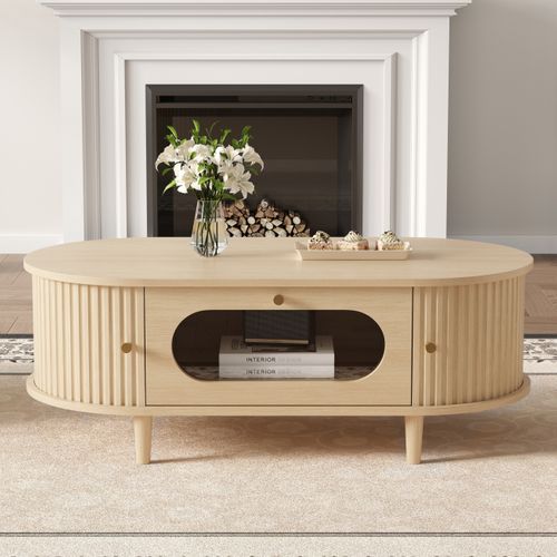 Table Basse Ovale 100x50x36 Cm, 1 Tiroir Et 2 Portes Coulissantes, Mdf Et Verre, Couleur Bois