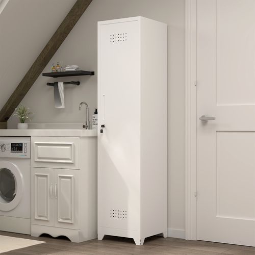 Armoire De Rangement Étroite 40x40x165 Cm, 1 Porte Verrouillable, Métal, Couleur Blanc