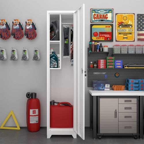 Armoire De Rangement Étroite 40x40x165 Cm, 1 Porte Verrouillable, Métal, Couleur Blanc