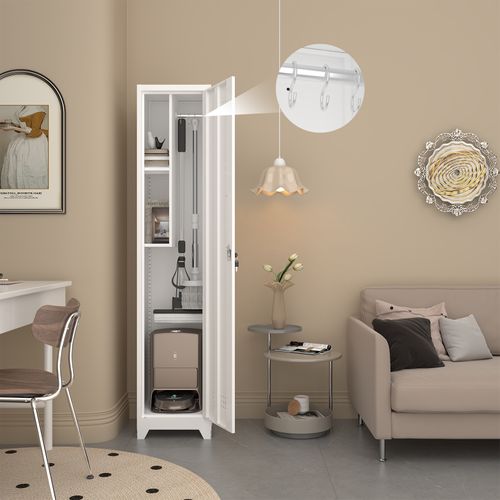 Armoire De Rangement Étroite 40x40x165 Cm, 1 Porte Verrouillable, Métal, Couleur Blanc