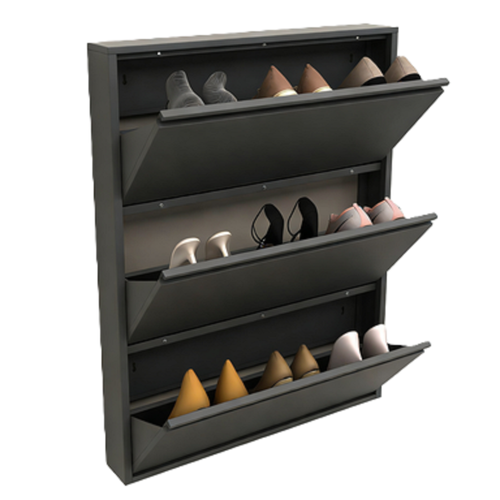 Meuble à Chaussures Mural, 3 Portes à Bascule, Étroit Gain De Place, Métal Acier, Couleur Noir