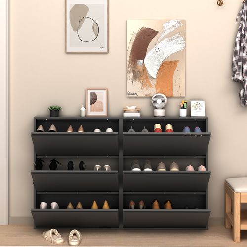 Meuble à Chaussures Mural, 3 Portes à Bascule, Étroit Gain De Place, Métal Acier, Couleur Noir