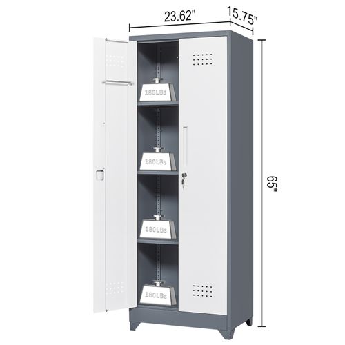 Armoire De Rangement 60x40x165 Cm, 2 Portes Verrouillables, Étagères Réglables, Métal, Gris Et Blanc