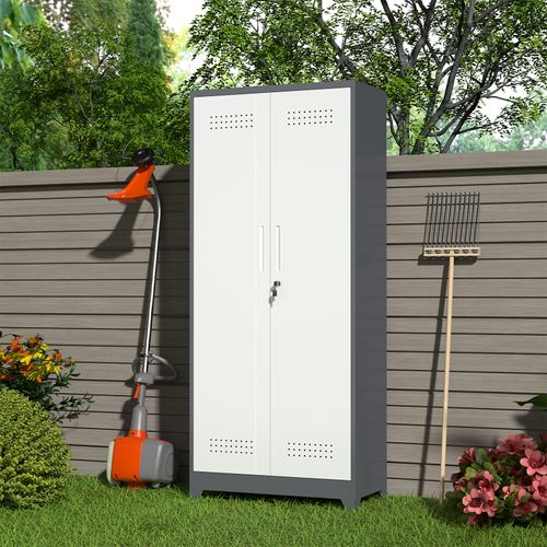 Armoire De Rangement 60x40x165 Cm, 2 Portes Verrouillables, Étagères Réglables, Métal, Gris Et Blanc