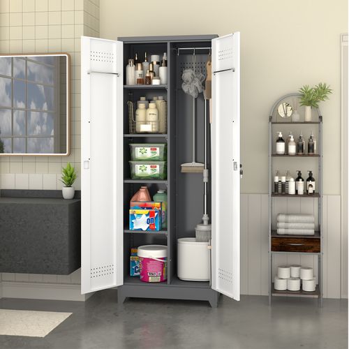 Armoire De Rangement 60x40x165 Cm, 2 Portes Verrouillables, Étagères Réglables, Métal, Gris Et Blanc