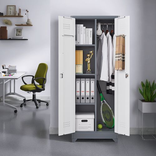 Armoire De Rangement 60x40x165 Cm, 2 Portes Verrouillables, Étagères Réglables, Métal, Gris Et Blanc