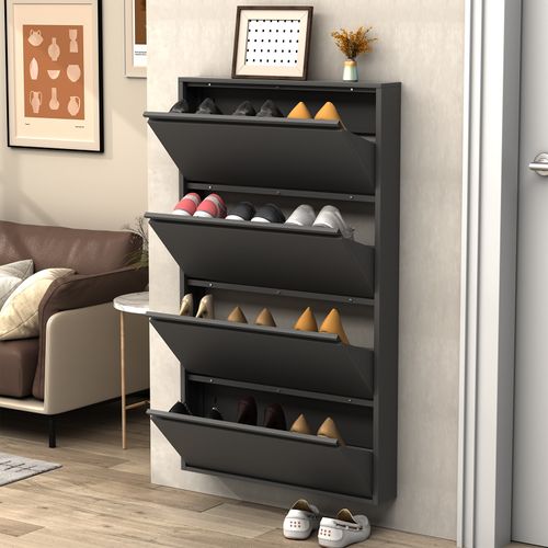 Meuble à Chaussures Mural 80x15x145 Cm, 4 Portes à Bascule, Gain De Place, Métal, Couleur Noir