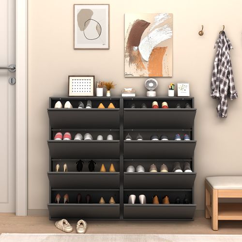 Meuble à Chaussures Mural 80x15x145 Cm, 4 Portes à Bascule, Gain De Place, Métal, Couleur Noir