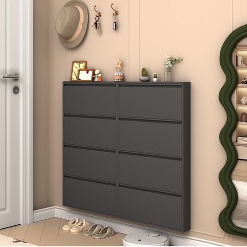 Meuble à Chaussures Mural 80x15x145 Cm, 4 Portes à Bascule, Gain De Place, Métal, Couleur Noir