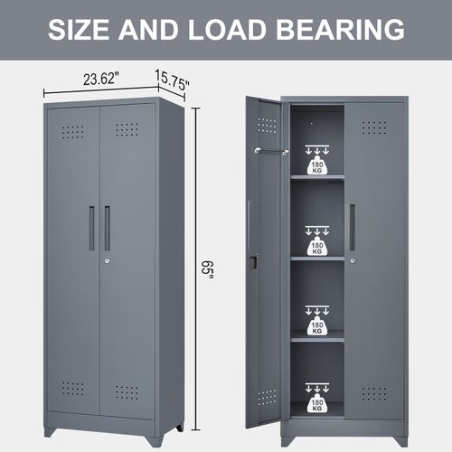 Armoire De Rangement 60x40x165 Cm, 2 Portes Verrouillables, Métal, Étagères Réglables, Gris