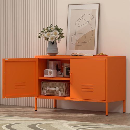 Buffet Bas Avec 2 Portes, 100x40x65 Cm, Séparateurs Réglables, Métal Acier, Couleur Orange