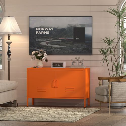 Buffet Bas Avec 2 Portes, 100x40x65 Cm, Séparateurs Réglables, Métal Acier, Couleur Orange