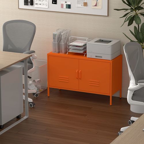 Buffet Bas Avec 2 Portes, 100x40x65 Cm, Séparateurs Réglables, Métal Acier, Couleur Orange