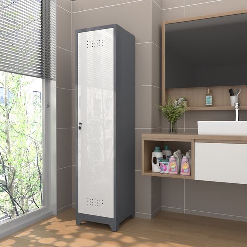 Armoire De Rangement 40x40x165 Cm, Penderie Balais Étroite, 1 Porte, Métal, Gris+blanc