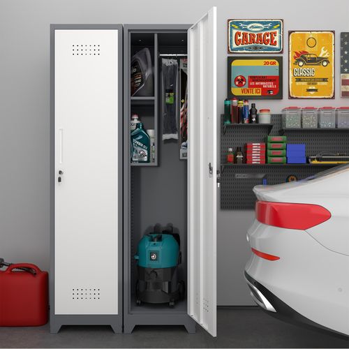 Armoire De Rangement 40x40x165 Cm, Penderie Balais Étroite, 1 Porte, Métal, Gris+blanc