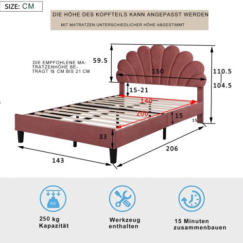 Lit Adulte 140x200 Cm Avec Lattes, Tête De Lit Capitonnée Florale, En Velours, Rouge
