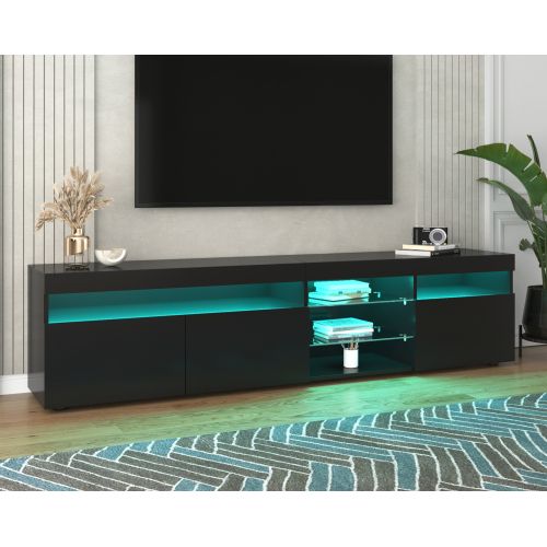 Meuble TV 180 Cm, 3 Portes, 2 Étagères En Verre, Avec LED, Noir