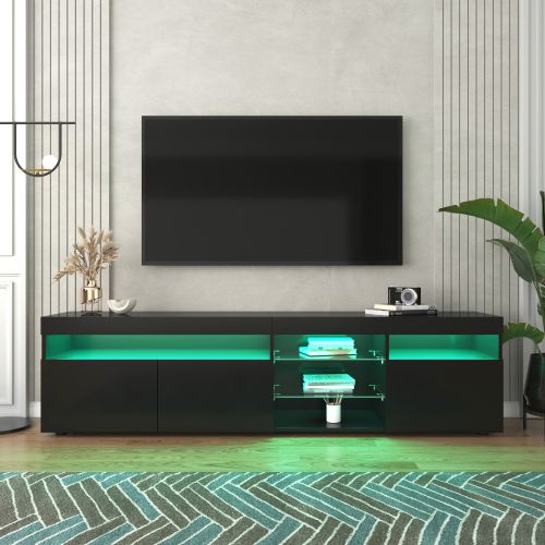 Meuble TV 180 Cm, 3 Portes, 2 Étagères En Verre, Avec LED, Noir