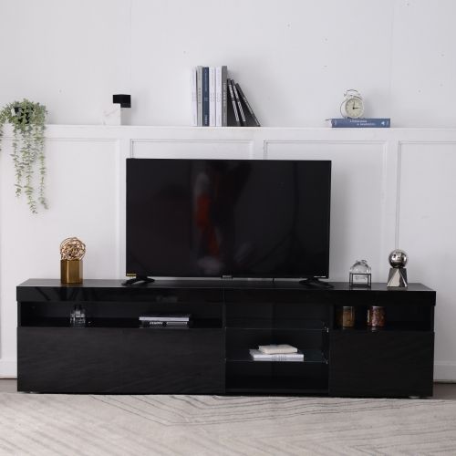Meuble TV 180 Cm, 3 Portes, 2 Étagères En Verre, Avec LED, Noir