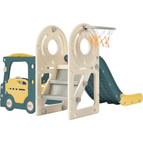 Toboggan Pour Enfants Avec Bus, Toboggan, Échelle D'activités, Panier De Basket Et Ballon Assorti