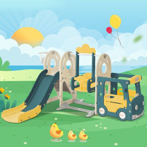 Toboggan Pour Enfants Avec Bus, Balançoire, Toboggan, Échelle, Panier De Basket Et Ballon Assorti