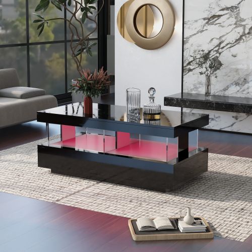 Table Basse Noire Haut Brillant Avec LED 16 Couleurs Et Tiroirs