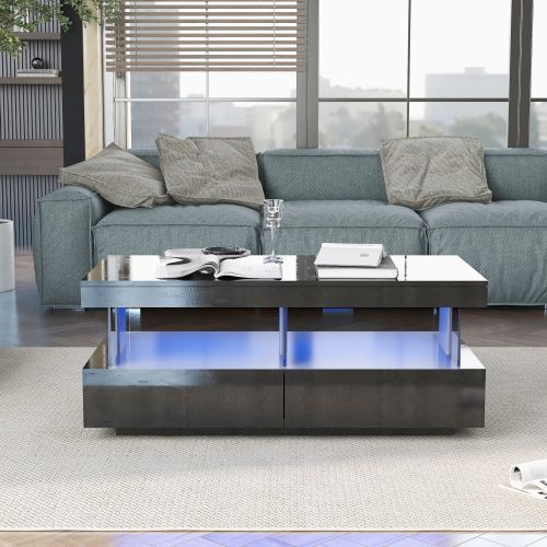 Table Basse Noire Haut Brillant Avec LED 16 Couleurs Et Tiroirs