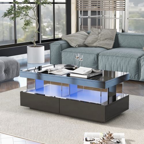 Table Basse Noire Haut Brillant Avec LED 16 Couleurs Et Tiroirs
